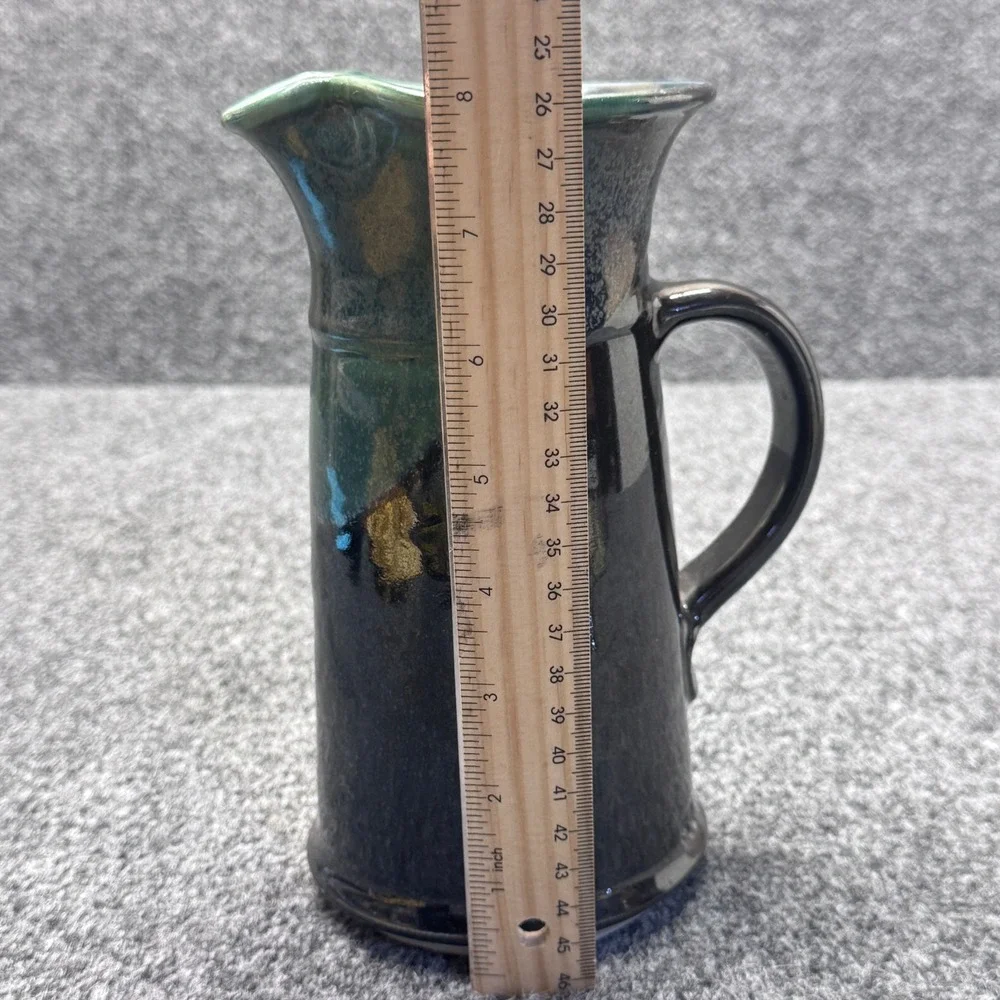 Studio Pottery Pitcher Handmade OS Black Green Drip Glaze Rustic Artisan Boho